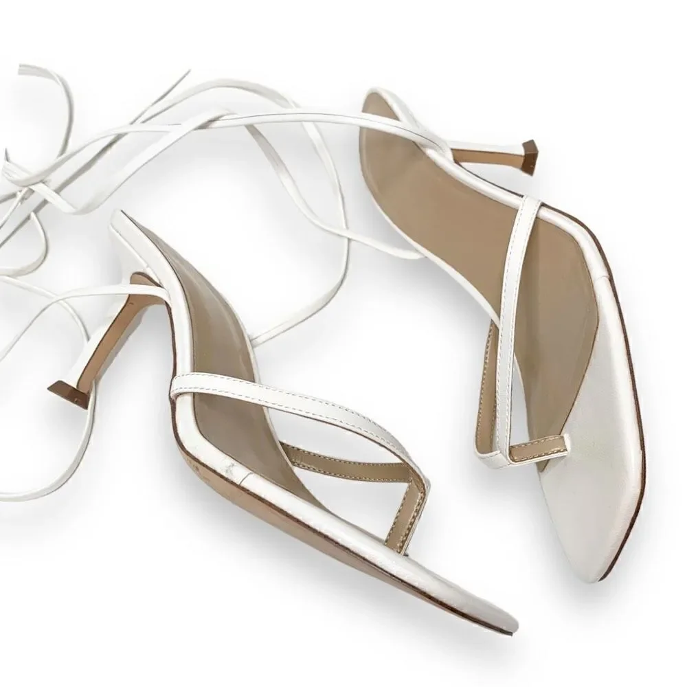 Ann Taylor White Leather Strappy Ankle Wrap Square Toe Sandal Heels Women’s 9.5M